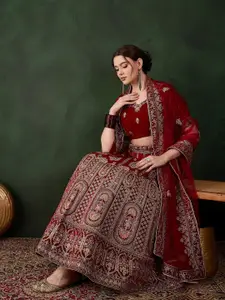 Sangria Embroidered Velvet Flared Lehenga & Unstitched Choli With Dupatta