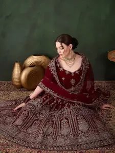 Sangria Embroidered Velvet Flared Lehenga & Unstitched Choli With Dupatta