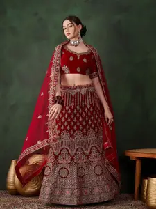 Sangria Embroidered Velvet Flared Lehenga & Unstitched Choli With Dupatta