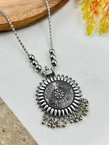 NAMAN ARTS Silver-Plated Oxidised Circular Pendant With Chain