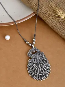 NAMAN ARTS Silver-Plated Peacock Shaped Oxidised Pendant With Chain