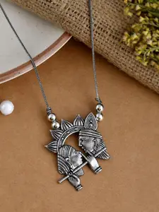NAMAN ARTS Silver-Plated Oxidised Radha Krishna Shaped Pendant Chain