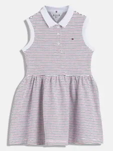 Tommy Hilfiger Girls Cotton Shirt Collar Striped Sleeveless Fit & Flare Dress