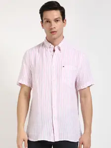 Tommy Hilfiger Men Button-Down Collar Vertical Striped Linen Casual Shirt