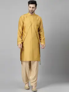 Utsav Fashion Mandarin Collar Layered Art Silk Straight Kurta with Pyjamas