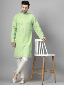 Utsav Fashion Embroidered Mirror Work Mandarin Collar Straight Kurta With Pyjamas