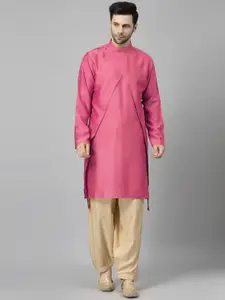 Utsav Fashion Mandarin Collar Layered Art Silk Straight Kurta with Pyjama