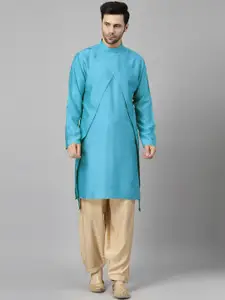 Utsav Fashion Mandarin Collar Layered Art Silk Straight Kurta with Pyjamas