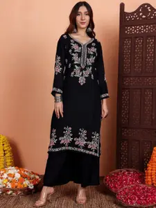 Chowkhat Floral Embroidered Chikankari V-Neck Straight Kurta