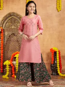 Sangria Girls Peach Embellished Round Neck Pure Cotton Straight Kurta