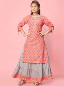 Sangria Girls Pink Floral Printed Notch Nrck Pure Cotton Straight Kurta