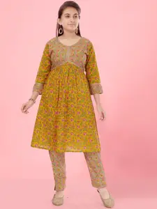 Sangria Girls Mustard Floral Printed V-Neck Empire Kurta