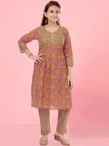 Sangria Girls Peach Ethnic Motif Printed Round Neck Cotton Straight Kurta