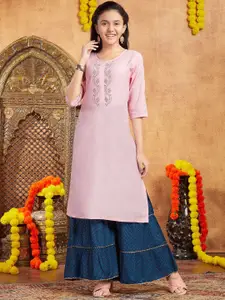 Sangria Girls Pink Floral Embellished Round Neck Straight Cotton Kurta