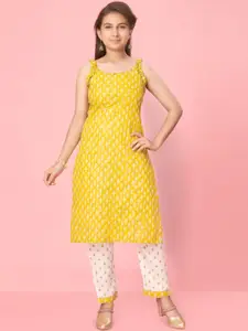 Sangria Girls Yellow Floral Printed Round Neck Cotton Straight Kurta