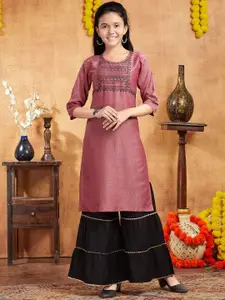 Sangria Girls Maroon Tribal Printed Round Neck Cotton Straight Kurta