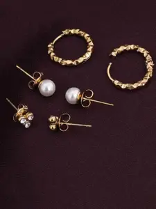 PALMONAS Set of 3 Gold-Plated Stainless Steel Anti-Tarnish Stone Studded & Beaded Studs