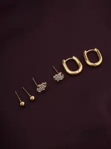 PALMONAS Set of 3 Gold-Plated Stainless Steel Anti-Tarnish CZ-Stone Studded Classic Studs