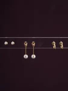 PALMONAS Set of 3 Gold-Plated Anti-Tarnish Stone Studded & Beaded Studs and Drop Earrings