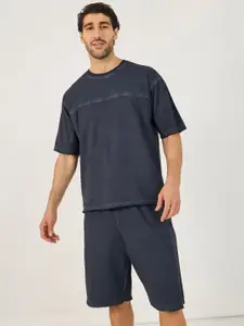 Styli Navy Blue Short Sleeves Pure Cotton T-Shirt With Shorts