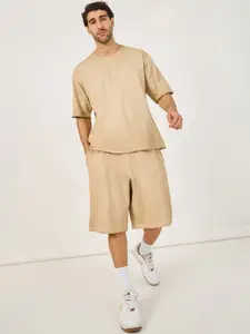 Styli Beige Short Sleeves Pure Cotton T-Shirt With Shorts