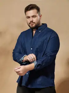 Aldeno Men Plus Size Muscle Fit Button-Down Collar Solid Denim Formal Shirt