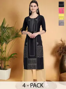 7Threads Selection Of 4 Ethnic Motifs Printed Round Neck Straight Kurtas