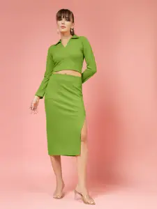 Oomph! Women Solid Stretchable Crop Top With Skirt Co Ords