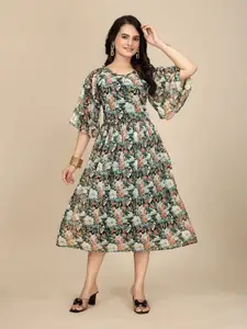 ODETTE Floral Printed Black Flared Sleeve Georgette Fit & Flare Midi Dress