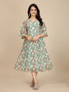 ODETTE Women Green Georgette Printed Fit and Flare Dress