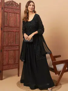 Chhabra 555 Floral Embroidered Front Open U-Neck Straight Kurta With Skirt And Dupatta