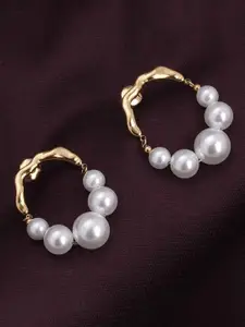 PALMONAS Stainless Steel Gold Plated Contemporary Temple Pearls Hoop Earrings