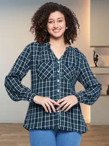 DressBerry Women Classic Fit Mandarin Collar Grid Tattersall Checked Cotton Casual Shirt