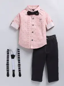 LITTLE COLLARS Boys Printed Pure Cotton Shirt With Trousers And Suspender