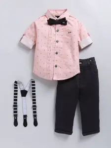 LITTLE COLLARS Boys Printed Shirt Collar Pure Cotton Shirt & Trouser & Suspender & Bow