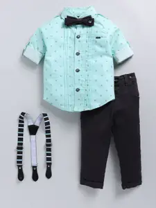 LITTLE COLLARS Boys Printed Shirt Collar Pure Cotton Shirt & Trouser & Suspender & Bow