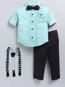 LITTLE COLLARS Boys Printed Shirt Collar Pure Cotton Bow Shirt With Trouser & Suspender