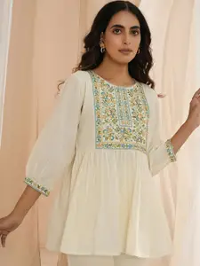 Libas Floral Yoke Design Thread Work Pure Cotton Pleated A-Line Kurti