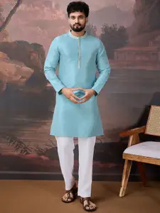 House of Pataudi Mandarin Collar Mirror Work Jacquard Straight Kurta