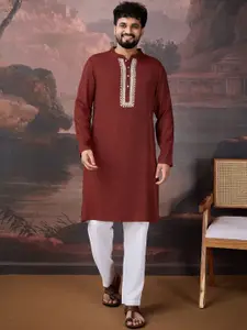 House of Pataudi Mandarin Collar Sequinned Cotton Silk Straight Kurta