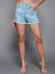 Miss Chase Women Blue Relaxed Mid Rise High Distress Regular Non Stretchable Denim Shorts
