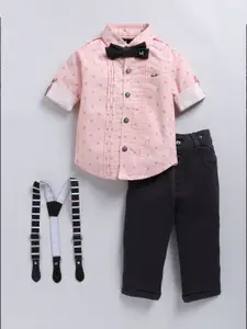 LITTLE COLLARS Boys Printed Shirt Collar Pure Cotton Shirt & Trouser & Suspender & Bow