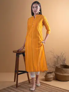 Libas Striped Printed Embellished Thread Work Mandarin Collar Pure Cotton Straight Kurta
