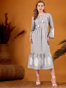 DressBerry Women Embroidered Bell Sleeve Fit & Flare Midi Dress