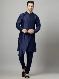 Utsav Fashion Mandarin Collar Layered Art Silk A-Line Kurta with Pyjamas