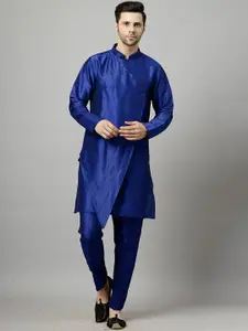 Utsav Fashion Mandarin Collar Layered Art Silk A-Line Kurta with Pyjamas