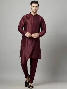 Utsav Fashion Mandarin Collar Layered Art Silk A-Line Kurta with Pyjamas