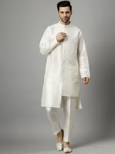 Utsav Fashion Mandarian Collar Tiered Raw Silk High-Low Kurta with Trousers