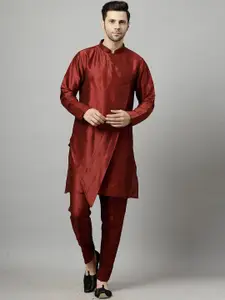 Utsav Fashion Mandarin Collar Layered Art Silk A-Line Kurta with Pyjamas