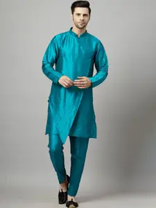 Utsav Fashion Mandarin Collar Layered Art Silk A-Line Kurta with Pyjamas